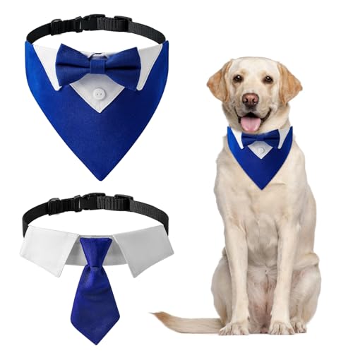 HACRAHO Formal Dog Smoking Bandana, 2 Pack Dog Wedding Bandana Dog Collar with Bow Tie And Neck Tie Designs Adjustable Collar Formal Tux Dog Bow Tie Adjustable Neckerchief, Blue von HACRAHO