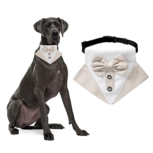 HACRAHO Formal Dog Smoking Bandana, 1 Stück Hund Hochzeit Bandana Halsband mit Fliege Verstellbares Dreieck Hund Bandana mit Halsband für große Hunde, Khaki von HACRAHO