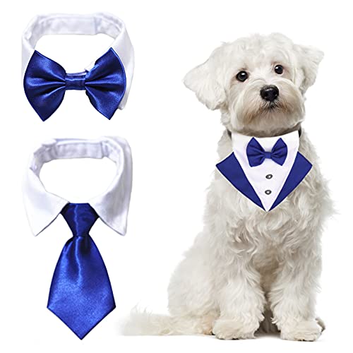 HACRAHO Formales Hunde-Smoking-Set, 3-teiliges Hochzeits-Hundebandana-Set Krawattenkragen Fliege Kragen Verstellbares Klett-Design für kleine und mittlere Hunde, Blau von HACRAHO