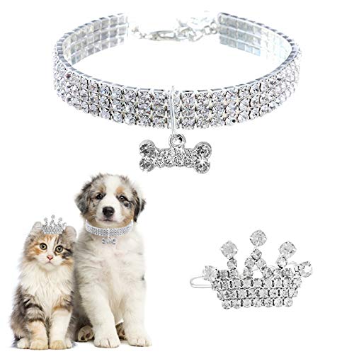 HACRAHO Halsband für Haustiere, 1 x Hundehalsband mit Strass und 1 x Hunde-Krone mit weißem Strass, Halsband für Haustiere mit Diamanten für die Party, 7,8 Zoll von HACRAHO