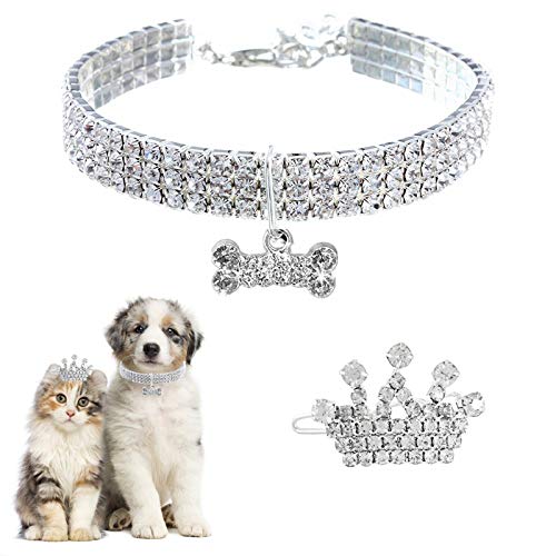 HACRAHO Haustier-Halskette, 1 Stück Kristall-Haustierhalsband und 1 Stück Hunde-Strass-Krone, Haarspange, Welpen, Prinzessinnen-Hochzeits-Halsband für kleine Katzen, Kätzchen, Welpen, 30 cm von HACRAHO