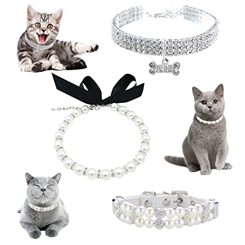 HACRAHO Haustierperlen-Halsband, 3-teiliges Perlen-Halsketten-Set mit Katzenperlen-Halsband mit Kristall-Strasssteinen für Hunde und Katzen von HACRAHO