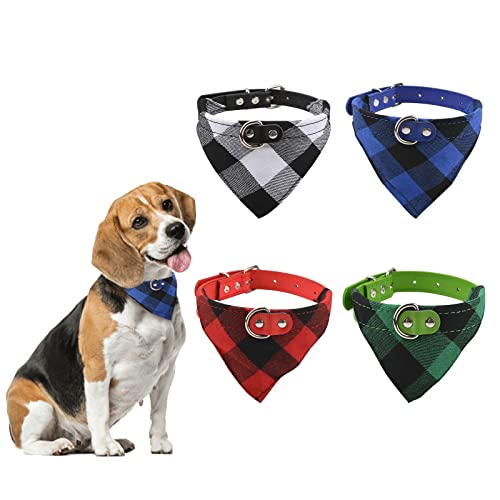 HACRAHO Hund Bandana Halsband, 4 Stück Niedlich Plaid Bandana Hundehalsband Verstellbare Haustier Dreieck Lätzchen Schnalle Kragen Leder für Hunde Haustiere, L von HACRAHO