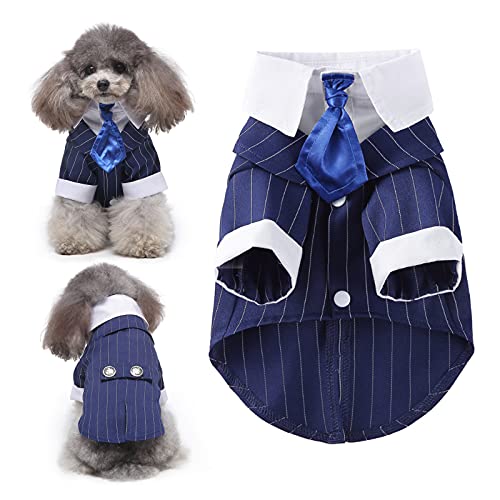 HACRAHO Hund Hochzeit Smoking, 1 Stück Blau Hunde Streifen Smoking mit Krawatte Hund Smoking Fliege Hemd für Hochzeit Party Hunde Katzen Welpen, Brustumfang 52 cm von HACRAHO