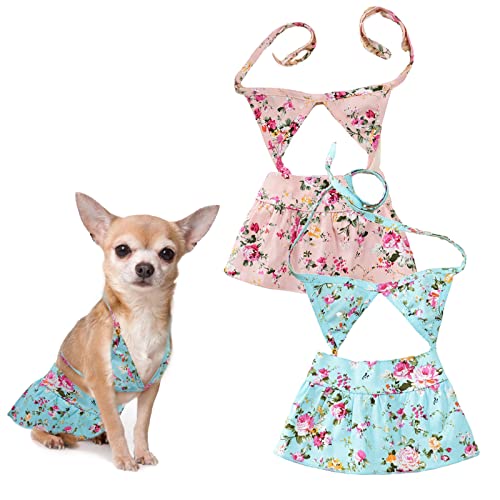 HACRAHO Hunde-Bikini, 2 Stück Blumen-Hunde-Strand-Badeanzug, verstellbares Haustier-Badekleid mit Blumenmuster für kleine Hunde und Katzen, blau und rosa von HACRAHO