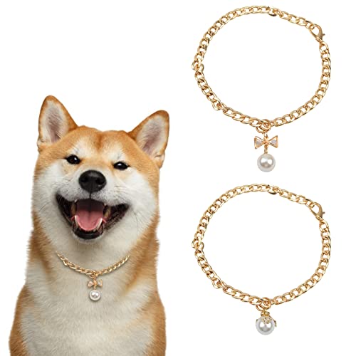 HACRAHO Hunde Halskette Gold, 2 Stück Verstellbare Goldene Hundehalskette Mit Elegantem Perlenanhänger Kubanisches Hundehalsband Aus Metall Mit Verstellbarer Schnalle Für Katzen Hunde Welpe von HACRAHO