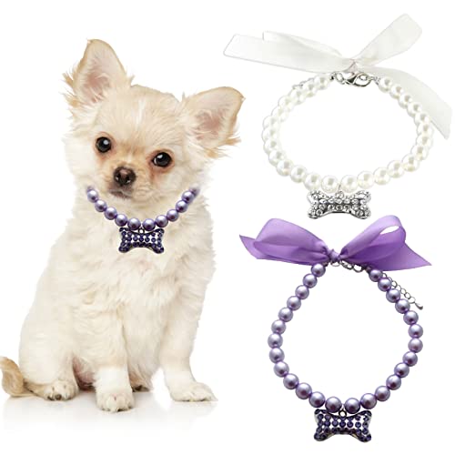 HACRAHO Hunde Perlenhalsband, 2 Stück Bling Strass Katze Hochzeit Halsband Verstellbare Perlen Hund Halskette Halsband mit Knochen Anhänger für Katzen Hunde Mädchen Kostüm Outfits Zubehör, Lila und von HACRAHO