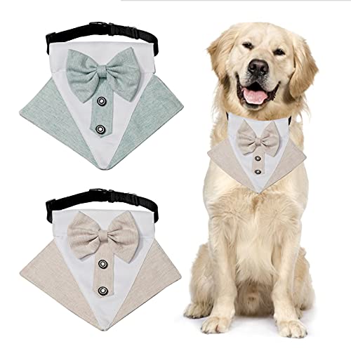 HACRAHO Hunde-Smoking-Bandana-Halsband, 2 Stück, verstellbar, formelle Hunde-Smoking, Hochzeit, Bandana-Halsband, Smoking-Halsband für große Hunde, Grün und Khaki von HACRAHO