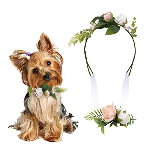 HACRAHO Hochzeitshalsband für Hunde, 2 Stück, Blumenmuster, Hochzeitskranz, Halsband mit Haarspange, tragbares Hundehalsband, Welpen, Halsband, Zubehör, Geburtstag, Hochzeitsgeschenk von HACRAHO