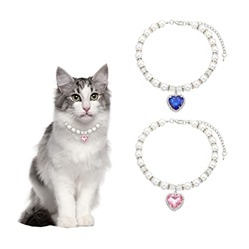 HACRAHO Hundehalsband, 2 Stück, glitzernde Strasssteine, Katzen-Hochzeitshalsband, verstellbare Perlen, Hundehalsband, mit Herzform, Diamant-Anhänger für Katzen, Hunde, Mädchen, Kostüm-Outfits von HACRAHO