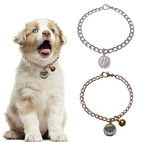 HACRAHO Hundehalsband, 2 Stück, verstellbare Metall-Hundehalsbänder, Haustierhalsband mit Glocke und Anhänger für kleine Hunde und Katzen, Gold und Silber, 35 cm von HACRAHO