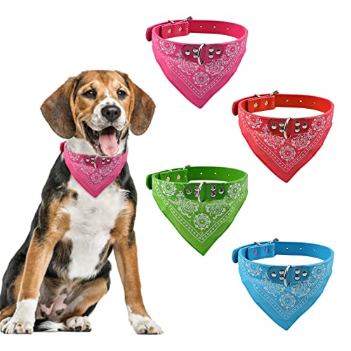 HACRAHO Hundehalsband Bandanas, 4 Stück Dreieck Hundeschal Halsband Hund Bandanas Halsband mit Verstellbarem Gurt für Mittlere Große Hunde, Rot, Grün, Rosenrot, Himmelblau, L von HACRAHO