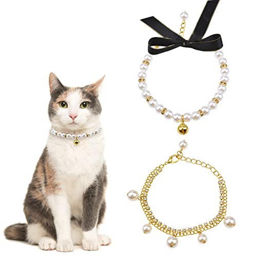 HACRAHO Hundehalsband-Set, 2 Stück Verstellbare Hund Gold Perle Halsband Niedlich Bling Full Diamant Kristall Niedliche Perle Hundehalsband für kleine Hunde Katzen in Party Hochzeit von HACRAHO