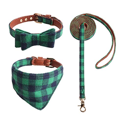 HACRAHO Hundehalsband-Set, 3 Stück, kariertes Muster, verstellbar, ausbruchsicher, Leine, Halsband-Set, abnehmbare Hunde-Fliege, Halsband und Bandana für Katzen, Hunde, Outdoor-Spaziergänge von HACRAHO