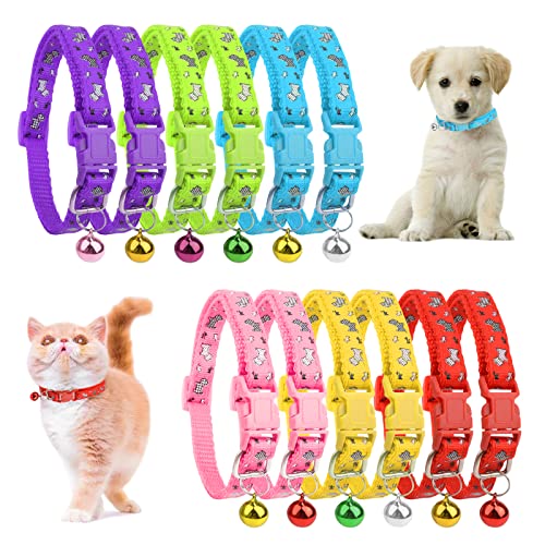 HACRAHO Hundehalsband-Set für Welpen, 12 Stück, buntes Nylon-Hundehalsband mit Welpenmuster, personalisierbar, verstellbar, Hundehalsband mit Glöckchen für kleine Hunde und Katzen von HACRAHO