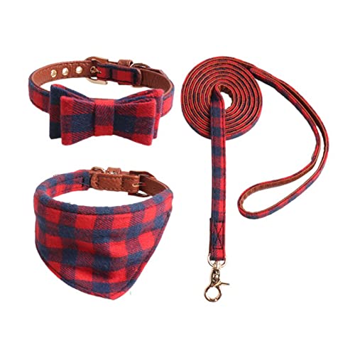 HACRAHO Hundehalsband Und Leine Set, 3 PCS Praktische Klassische Karierte Hundefliege Und Hundehalsband Verwicklungsfreie Hundeleine Verstellbare Halsbänder Für Kleine Mittelgroße Hunde Katzen, M von HACRAHO