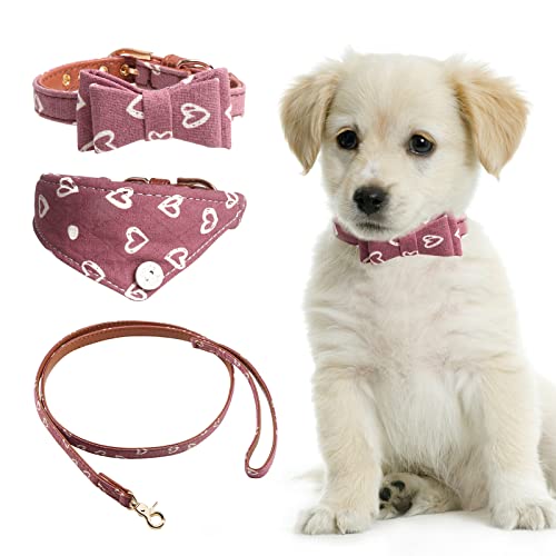 HACRAHO Hundehalsband Und Leinen Set, 3 PCS Love-Heart Pattern Pet Fliege Halsband Bandana Halsband Und Leine Set Hundehalsband Mit Verstellbarer Schnalle, Rosa von HACRAHO