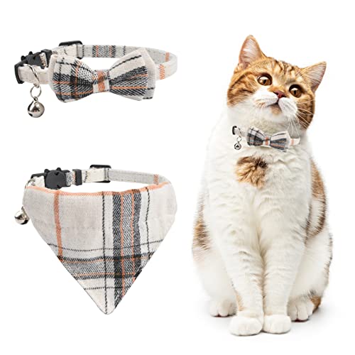 HACRAHO Hundehalstuch und Halsband Set, 2 Stück Klassische Plaid Fliege Katzenhalsband Bandana Verstellbares Katzenhalsband mit Schal und Fliege und Glocken, Weiß von HACRAHO