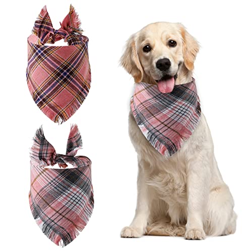 HACRAHO Plaid Hundehalstücher, 2 Packungen, Rosa, wendbar, dreieckig, mit Quasten, Kanten, waschbar, für Hunde und Katzen von HACRAHO