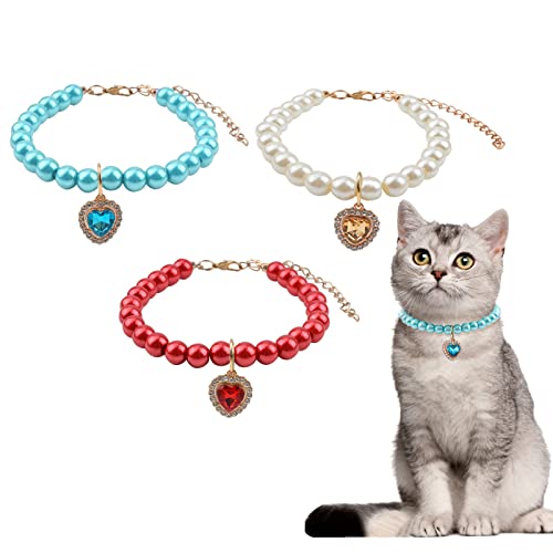 HACRAHO Katzenperlen-Halsband, 3 Stück, Katzen-Hochzeitshalsband mit Strasssteinen, Herz-Anhänger, Katze, glitzernd, Strasssteine, Perlenhalsband für Mädchen, Katzen, Welpen, Hunde von HACRAHO