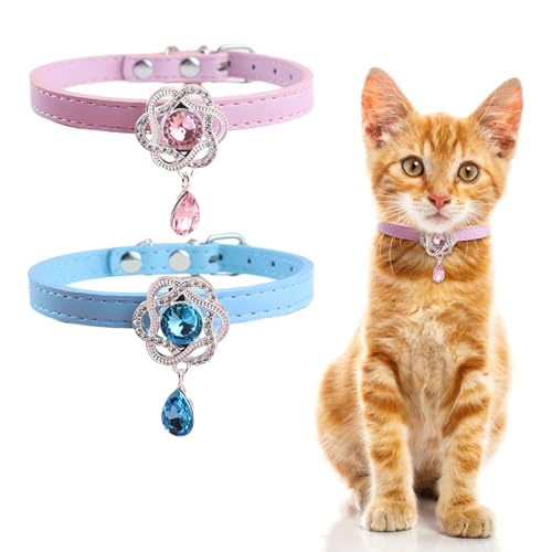 HACRAHO Katzenhalsband aus Leder, 2 Stück, Kätzchen-Katzenhalsband mit Metallschnalle, weiches Welpenhalsband mit abnehmbarem Strass-Anhänger für Hunde, Katzen, Welpen, Blau und Rosa von HACRAHO