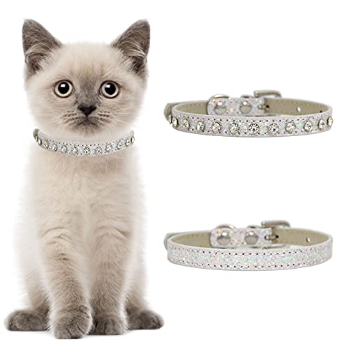 HACRAHO Leder-Strass-Katzenhalsband, 2 Stück, glitzernd, Strass-Halsband, Sicherheit, verstellbar, glitzernd, klassisches Haustierhalsband für kleine Hunde und Katzen, Silber von HACRAHO