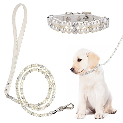 HACRAHO Pearl Hundeleine und Halsband, 2 Stück, für Hunde und Katzen, Perlenhalsband, Leine, Set, verstellbar, Leder, Perlenhalsband mit Strass für Hunde, Katzen, Welpen von HACRAHO