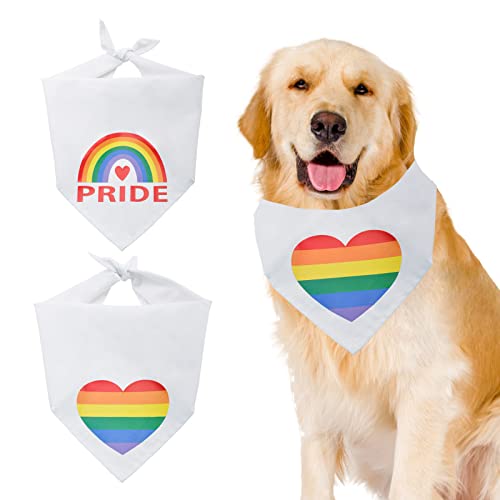 HACRAHO Regenbogen-Hundehalstuch, 2 Stück, Weiß, Regenbogen-Hundehalstuch, Baumwolle, Haustier-Dreieckstuch mit Herz-Regenbogen-Muster für Hunde, Katzen und Stolzmonat von HACRAHO