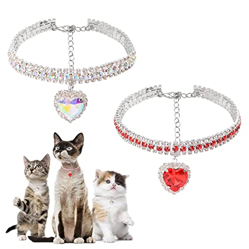 HACRAHO Strass-Hundehalsband, 2 Stück Katzen dreireihige Strass-Halskette mit Herz-Anhänger, verstellbares Kristall-Katzenhalsband für kleine Katzen und Hunde von HACRAHO