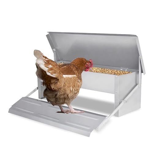 Automatischer Geflügelfutterautomat mit Pedal - Metallfuttertrog for 5 kg Hühner, selbstöffnender Hühnerfutterautomat mit Pedal, mit wasserdichtem Deckel von HACSYP