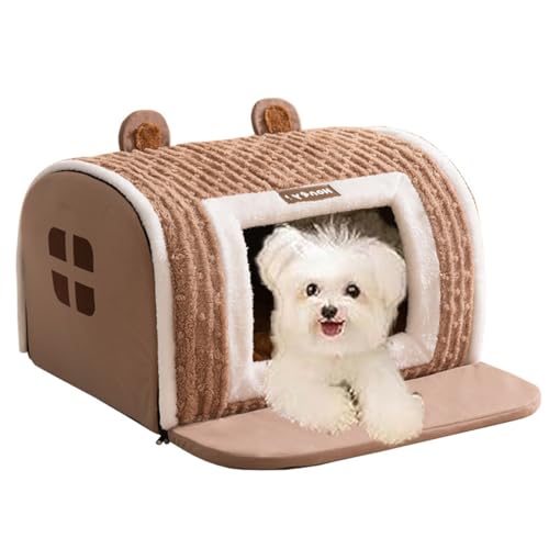 Furryhut Hundebett, Halbgeschlossenes Bett Für Haustiere, Kleine Und Mittlere Hunde Bogen Haus, Zwinger Warme Haustier Zwinger, Superweiches Katzenbett Mit Anti-rutsch-Boden (Brown,L) von HADAVAKA