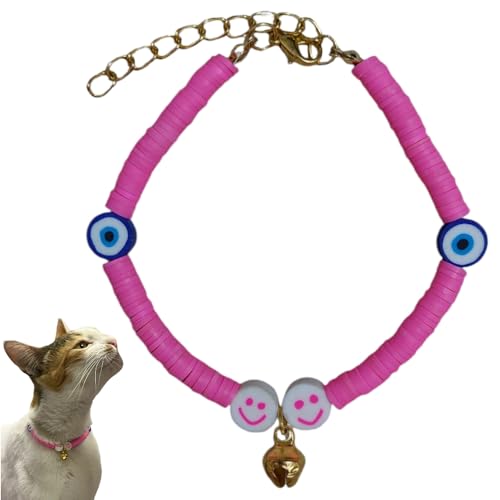 Katzenhalsband mit Glocke, böser Blick Perlen für Mädchen und Jungen Katzen, weiche Teigperlen, verstellbares Halsband für kleine und große Katzen, kleine Rassenhunde (Rosa) von HADESS