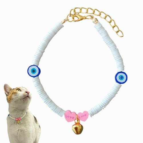 Katzenhalsband mit Glocke, böser Blick Perlen für Mädchen und Jungen Katzen, weiche Teigperlen, verstellbares Halsband für kleine und große Katzen, kleine Rassenhunde (Weiß) von HADESS