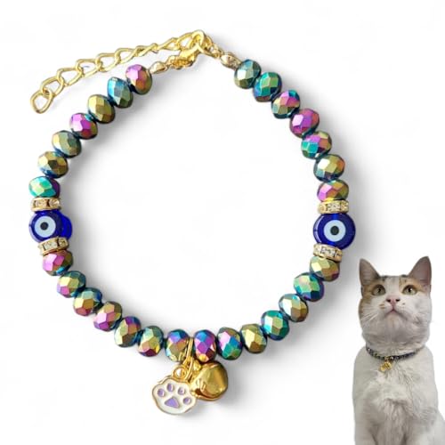 Katzenhalsband mit Glöckchen, Perlen für Mädchen und Jungen, glänzende Kristallsteine, verstellbares Halsband für kleine und große Katzen, kleine Hunderassen (bunt) von HADESS