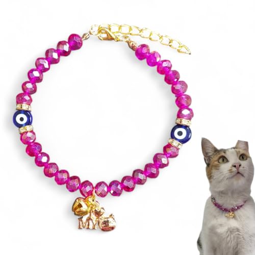 Katzenhalsband mit Glöckchen, böser Blick Perlen für Mädchen und Jungen Katzen, glänzende Kristallsteine, verstellbares Halsband für kleine und große Katzen, kleine Rassenhunde (Rosa) von HADESS