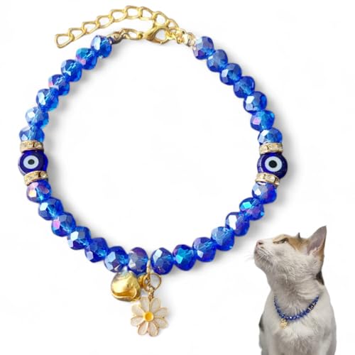 Katzenhalsband mit Glöckchen, böser Blick Perlen für Mädchen und Jungen Katzen, glänzende Kristallsteine, verstellbares Halsband für kleine und große Katzen, kleine Rassenhunde (transparent) (blau) von HADESS