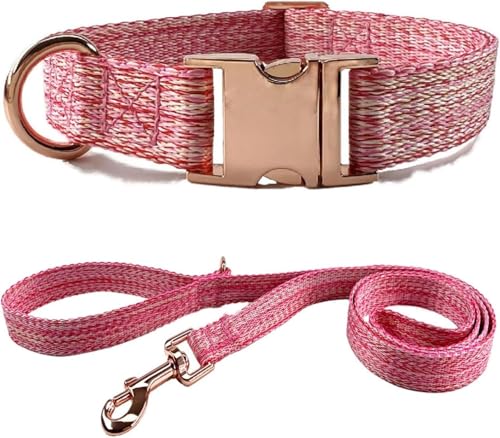 Das Komfort-Hundehalsband, Hundehalsband und 4,9-Fuß-Leine-Set, verstellbares Basishalsband mit robuster Metallschnalle und D-Ring, weich und langlebig for kleine, mittelgroße und große Hunde(Pink,L) von HAFEISI