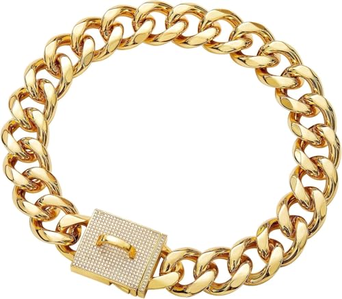 Die Comfort-Hundehalsbänder, 19 mm Dicke, robuste kubanische Hundekette for mittelgroße und große Hunde, goldfarbenes Luxus-Trainingshalsband aus Edelstahl mit Zirkonia-Verschluss-Halskettenkette for von HAFEISI