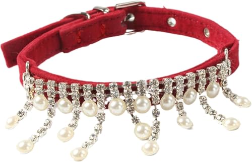 Die Komfort-Hundehalsbänder, niedliche, schillernde Strass-Hundehalsbänder, ausgefallene Perlen-Hundehalsbänder mit glitzerndem Kristallanhänger for kleine, mittelgroße Hunde, Katzen, Kaninchen(Red) von HAFEISI