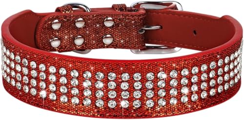 Die Komfort-Hundehalsbänder, niedliches Diamant-Hundehalsband, breites Leder-Hundehalsband, glitzernde Strass-Hundehalsbänder for mittelgroße und große Hunde, französische Bulldogge(Red,L) von HAFEISI