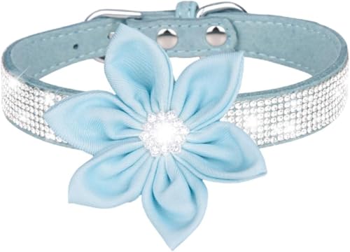 Die Komfort-Hundehalsbänder, süßes Mädchen-Strass-Hundehalsband, weiches Blumen-Welpenhalsband, reflektierend, personalisiertes Hundehalsband for kleine, mittelgroße und große Hunde(Light Blue,M) von HAFEISI