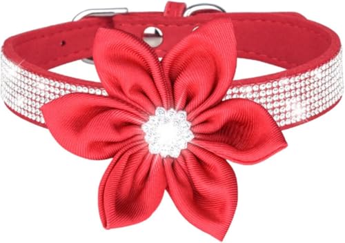 Die Komfort-Hundehalsbänder, süßes Mädchen-Strass-Hundehalsband, weiches Blumen-Welpenhalsband, reflektierend, personalisiertes Hundehalsband for kleine, mittelgroße und große Hunde(Red,L) von HAFEISI