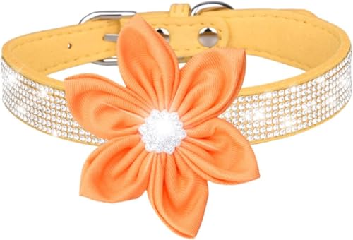 Die Komfort-Hundehalsbänder, süßes Mädchen-Strass-Hundehalsband, weiches Blumen-Welpenhalsband, reflektierend, personalisiertes Hundehalsband for kleine, mittelgroße und große Hunde(Yellow,L) von HAFEISI