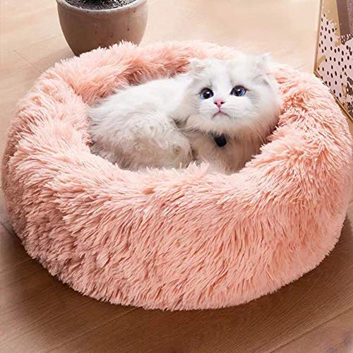 HAFEISI Kleines Haustierbett, Hundebett for kleine und mittelgroße Haustiere, Donut-Kuschelbett aus Kunstfell, selbstwärmendes Kätzchensofa, weiches Welpenkissen for besseren Schlaf,(Pink,50cm) von HAFEISI