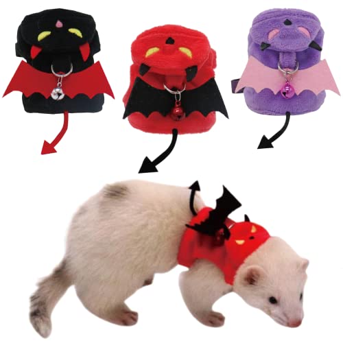 Frettchen-Geschirr und Leine – weiches Fleece, kleines Halloween-Teufel-Kostüm, Dämonengeschirr mit sicherer Glocke, kein Ziehen, Meerschweinchen, Chinchilla und ähnliche Kleintiere (3 Stück) von HAICHEN TEC