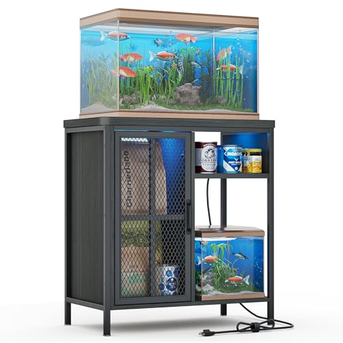 HAIOOU Aquariumständer mit LED-Licht und Steckdosen, Kreuz-Design, Metallrahmen, Aquarium-Tisch mit Schrankaufbewahrung für Schildkrötenbecken, Reptilien-Terrarium, 163 kg Belastung, Schwarz von HAIOOU