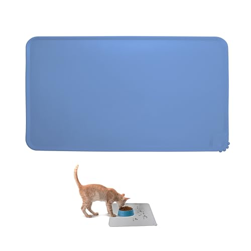 HAIPIMAO Wasserdichte Futtermatte für Haustiere, rutschfeste Silikon-Futtermatte für Futternapf und Wassernäpfe mit erhöhten Kanten, Gummiablage (Blau, 47 x 29,2 cm) von HAIPIMAO