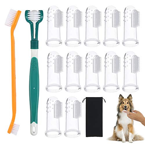 HAKOTOM 15Pcs Pet Zahnbürsten Set Hund Dentalhygienebürsten Naturkautschuk Haustier Zahnreinigung Haustierzahnpflege mit 12x Fingerzahnbürste Dreifachkopf Hundezahnbürsten für Zahnpflege von HAKOTOM