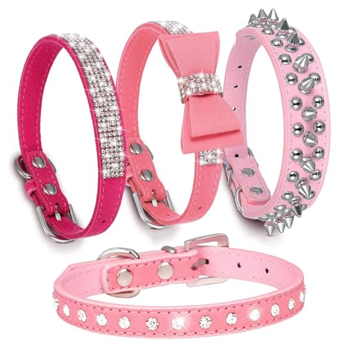 HALFSUMO 4 Stück Hundehalsband Stachel Nieten Leder Hundehalsband Strass Hund Katzenhalsband Bling Diamant mit Strass Schleife Dekoration für Mädchen Hunde Katzen Rosa XS von HALFSUMO