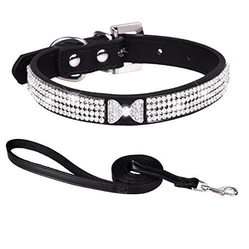 HALFSUMO Hundehalsband Leder Halsband Hund Lederhalsband Hund Funkelnd Hundehalsbänder mit Strasssteinen Besetzt für Haustiere Welpen Katzen Hundehalsband und Leine Set Combo Schwarz L CP326 von HALFSUMO